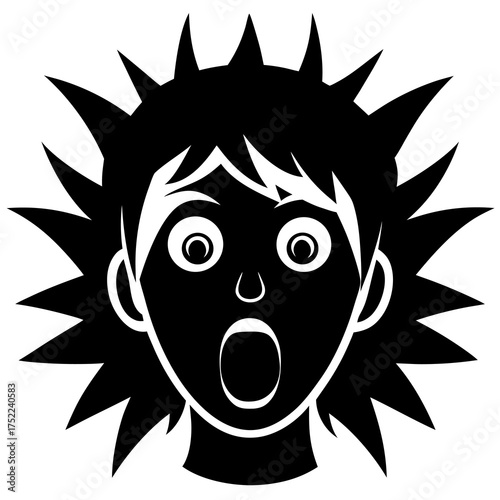 Black and white illustration of a surprised person with spiky hair and wide eyes and mouth open