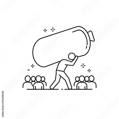 Line art icon of a person carrying a heavy burden on their shoulders.