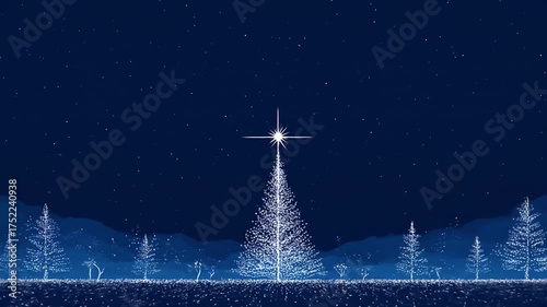 Magical Winter Night Landscape with Glowing Star and Sparkling Evergreen Trees in a Snowy Forest Scene