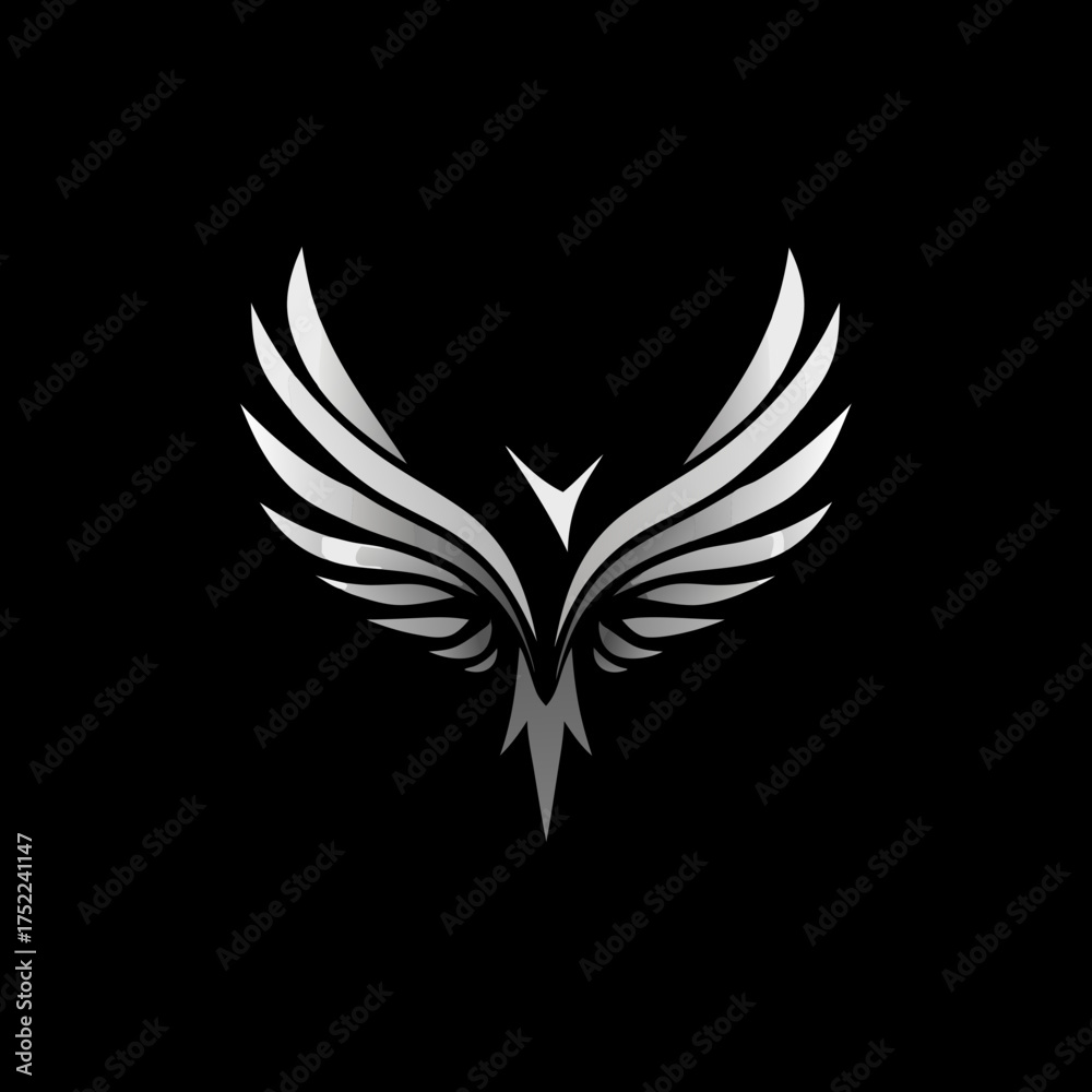 Obraz premium Elegant Silver Phoenix Logo with Majestic Wings on Black Background. Modern Metallic Bird Abstract Design Icon, Symbol of Power & Luxury.