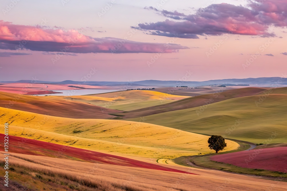 Obraz premium Concise Phrase: Golden sunset light illuminates the vast, rolling Palouse hills and a lone tree against a pink sky.