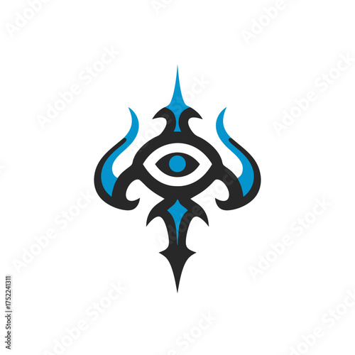 Modern abstract eye symbol with decorative tribal flame elements in black and vibrant blue graphic design illustration, mystical vision.