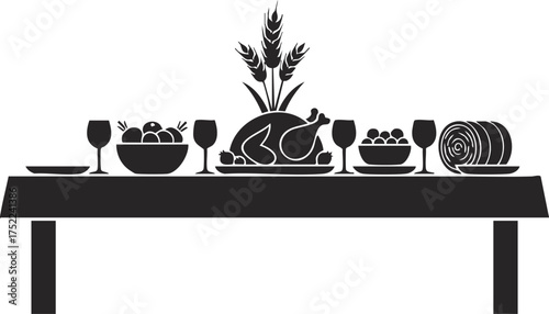 Thanksgiving dinner table with roasted turkey vector illustration