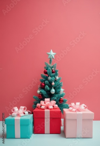 Blue gift boxes with orange ribbons and Christmas tree on red background, festive holiday decoration scene.