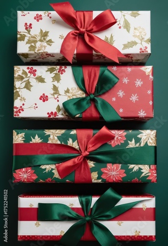 Christmas gift boxes with festive wrapping paper and satin ribbons on green background, holiday present decoration flat lay.