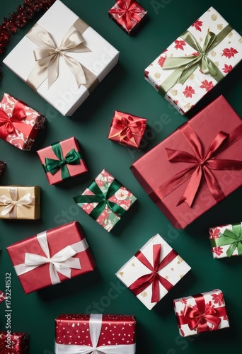 Christmas gift boxes with festive wrapping paper and satin ribbons on green background, holiday present decoration flat lay.