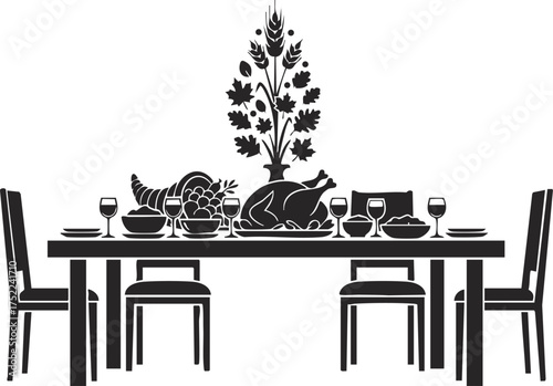 Thanksgiving dinner table with roasted turkey vector illustration