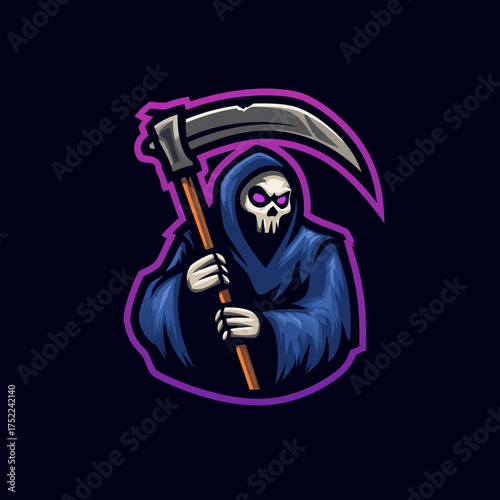 Mysterious Grim Reaper Esport Mascot with Glowing Purple Eyes and Scythe. Dark Fantasy Character for Gaming Team Logo or Avatar Design.