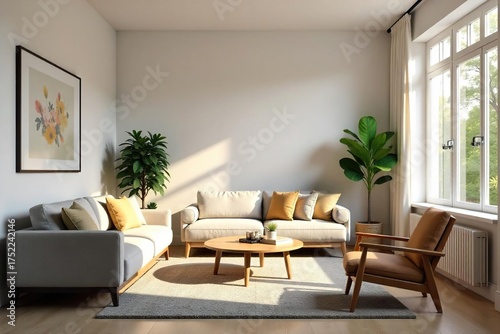 Spacious Living Room with Natural Light, Comfortable Furniture, and Stylish Decor Perfect for Relaxation and Family Gatherings