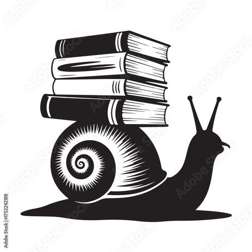 A snail carrying a stack of books on its shell, symbolizing slow learning or the weight of knowledge, isolated on white background
