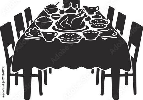 Thanksgiving dinner table with roasted turkey vector illustration