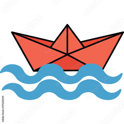 Paper boat floating on water waves illustration origami sea ocean blue red vector graphic design art symbol