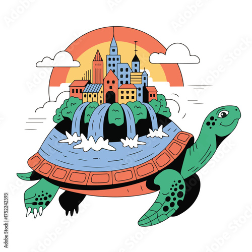A whimsical illustration of a turtle carrying a city on its back with a rainbow and clouds in the background, isolated on white background