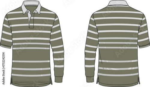 shirt rugby long sleeve stripe horizontal collar button placket cuff ribbed curved hem side slit casual sporty apparel garment clothing fashion textile template vector sketch illustration design proto