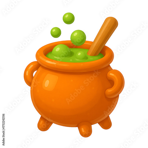 3D Potion cauldron with green bubbles and a wooden spoon