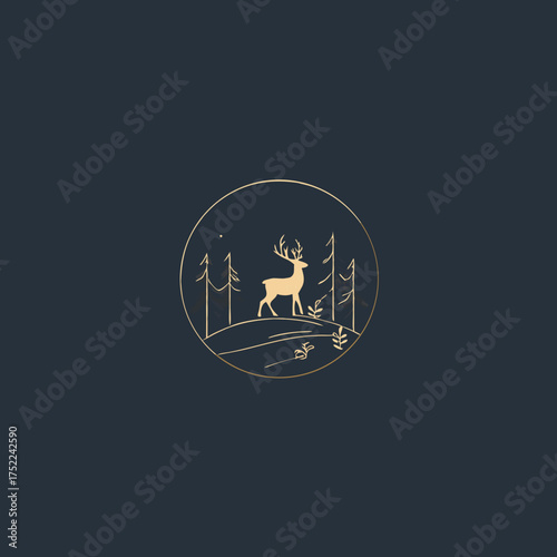 Elegant golden deer in a minimalist forest landscape circle illustration on a dark background, stylized nature wildlife graphic design. Free Download Elegant golden deer in a minimalist forest landscape circle illustration on a dark background, stylized nature wildlife graphic design. - GFXLoad