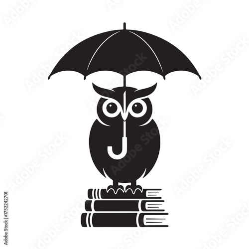 Black silhouette of an owl wearing an umbrella, perched on a stack of books, isolated on white background