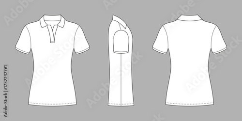 Elegant polo shirt front and side back view. Casual unisex printed pattern features an elegant collar and short button placket at chest for both sporty and casual wear