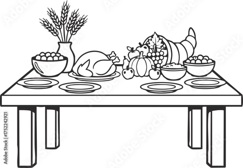 Thanksgiving dinner table with roasted turkey vector illustration