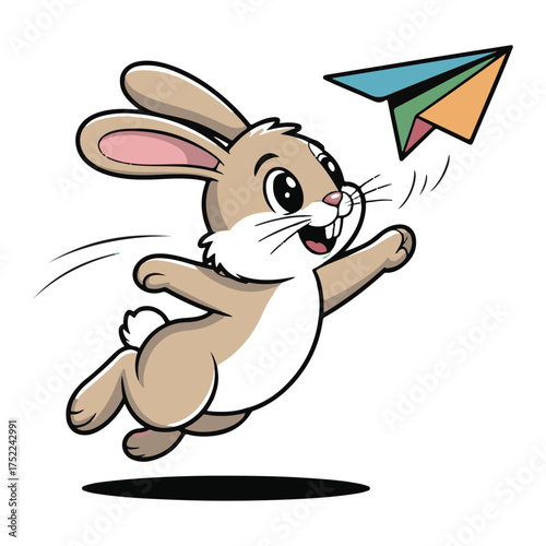 Cute cartoon bunny rabbit running and launching a colorful paper airplane, isolated on white background