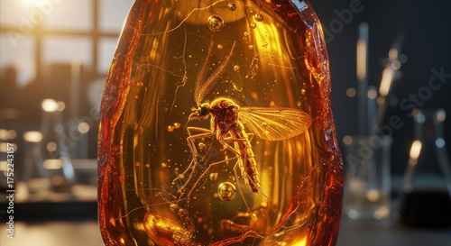 Mosquito preserved inside amber with scientific glassware in blurred background