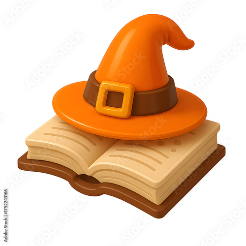 3D Witch hat on top of an open spell book