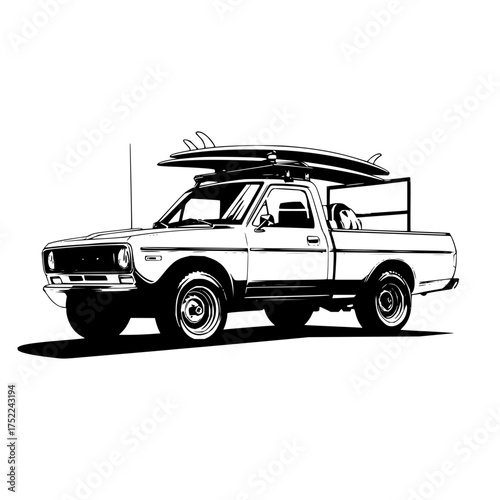 Black and white illustration of a pickup truck with surfboards on top in a side view perspective