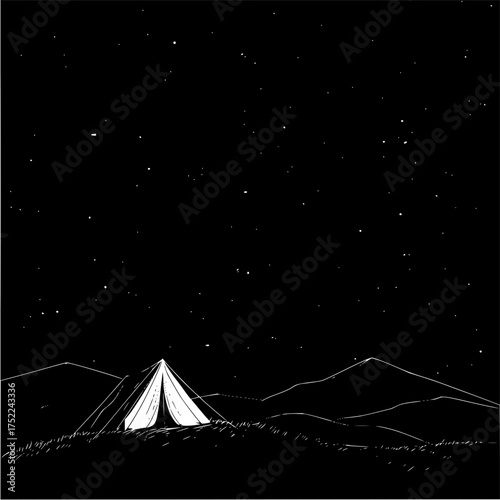 A tent illuminated under a starry night sky with mountains in the background in monochrome illustration