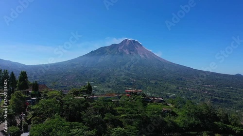Stunning Aerial View of Mount Merapi, Indonesias Active Volcano, Under a Clear Blue Sky.