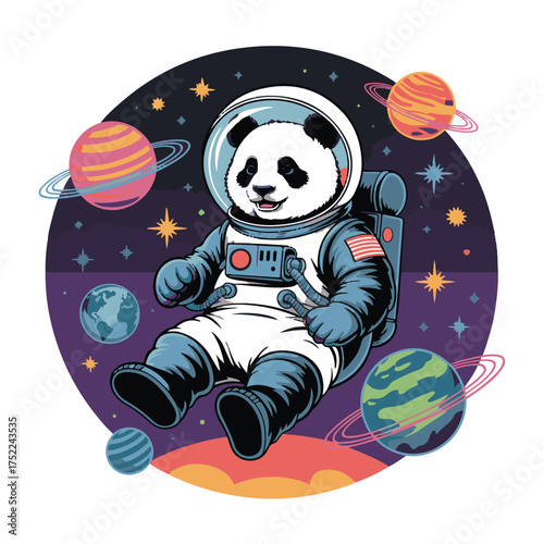 Cute panda astronaut floating in space surrounded by planets and stars, whimsical illustration