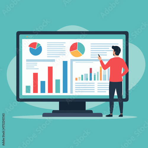 Businessman analyzing financial data on a large computer screen.