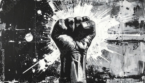 A graphic image of a clenched fist rendered in grayscale, radiating power and strength against a chaotic, textured backdrop