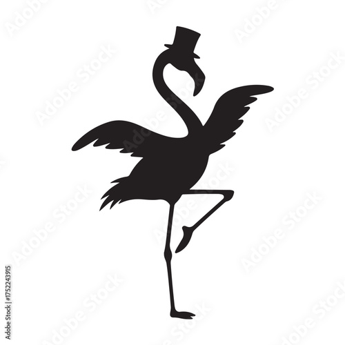Silhouette of a flamingo wearing a top hat, standing on one leg with wings spread, isolated on white background