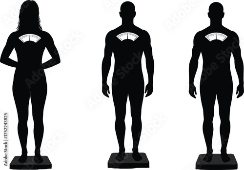 Human silhouettes on weighing scales, body weight comparison, health check concept, fitness measurement, medical data, obesity awareness, wellness monitoring, lifestyle