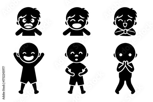 Six cartoon characters displaying various emotions in a simple graphic style