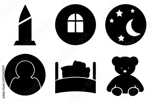 Child's bedroom icons depicting bedtime routine and elements in black and white