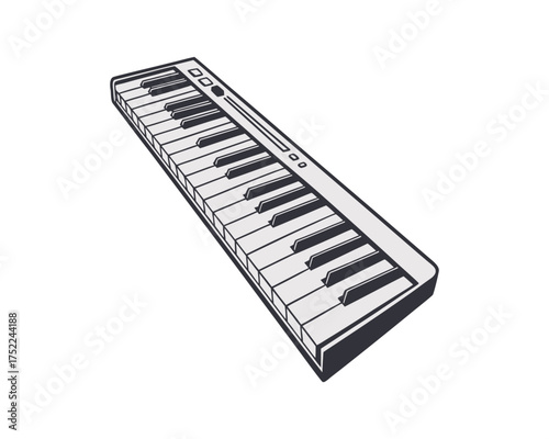 A simple, hand-drawn sketch of a compact electronic keyboard with black and white keys on a white background
