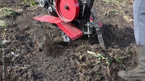 Wallpaper Mural Individual operating a tiller in a garden, showcasing the process of soil preparation, with a gradual zoom in capturing the action and equipment details	 Torontodigital.ca