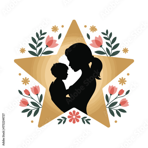 Silhouette of a mother holding her baby, framed by a golden star and floral elements, isolated on white background