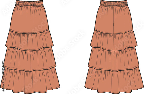 skirt tiered layered ruffled gathered flared tapered fashion apparel garment illustration technical sketch waistband elastic silhouette vector template design construction drawing textile wearable sty