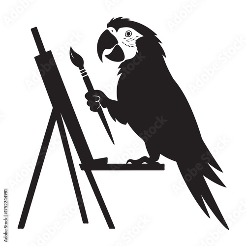 Silhouette of a parrot artist holding a paintbrush and standing in front of an easel, isolated on white background