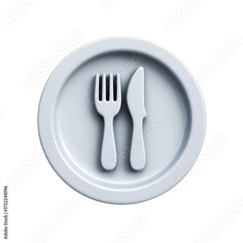 A minimalistic white plate with a fork and knife placed on top of it on a transparent background image