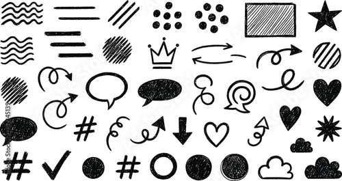 Hand Drawn Doodles Set with Crown, Cloud, Circle, Arrows, Hearts, Star and Shapes