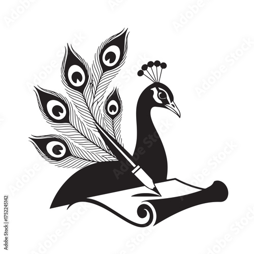 Stylized illustration of a peacock with a quill pen writing on a scroll, isolated on white background