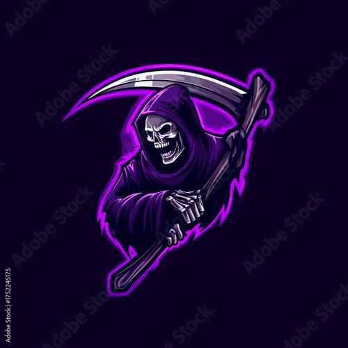 Dark and mysterious grim reaper illustration featuring a skull, purple hooded cloak, and large scythe, ideal for gaming, esports, or gothic design.