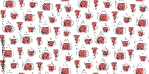 Cup of tea, mulled wine. Seamless pattern. Mug, teapot, wine glass. Hot warming drinks, spices, cinnamon sticks, lemon slices, mint, ginger. Winter season. Repeating background. Drawings, doodles.