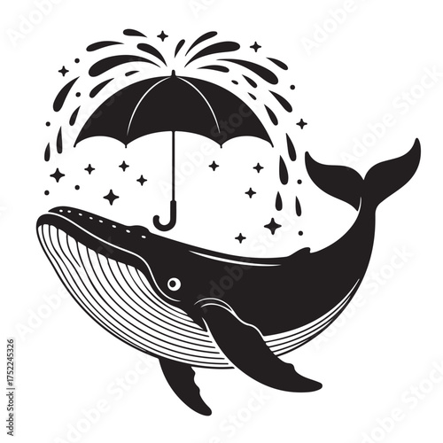 Whimsical illustration of a whale holding an umbrella, isolated on white background