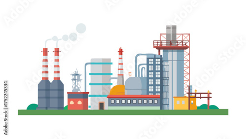 Industrial factory plant vector illustration with smoke stacks and manufacturing buildings design element