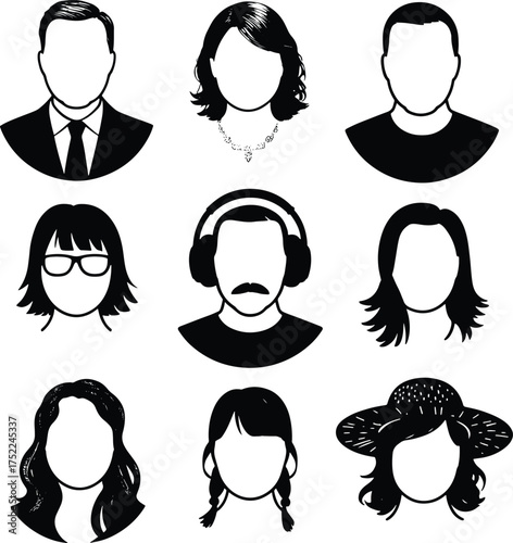 Diverse group of people silhouettes in black and white illustration style