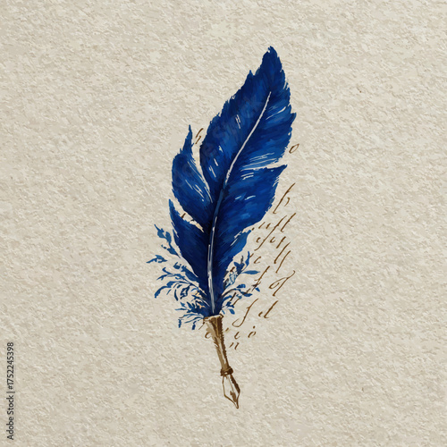 Blue quill pen with ornate writing on textured background